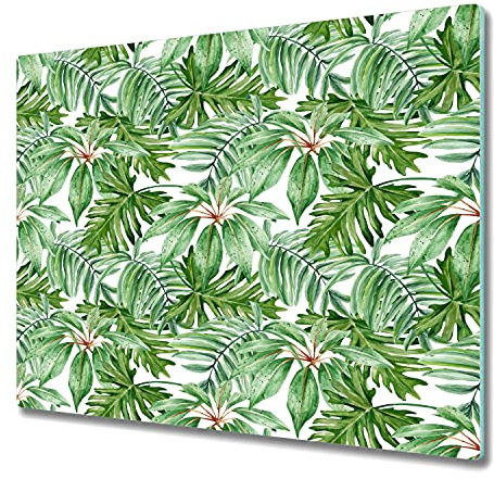 Coloray Glass Chopping Board Worktop 31.5 x 20.5 inch / 80x52cm Tempered Safety Glass Cutting Board Splashback for Kitchen Protection - Light Banana Leaves Watercolour Monstera Leaf