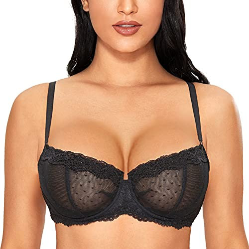DOBREVA Women's Sexy Lace Balconette Bra Unlined Underwire Open Half Cup Bra See Through Sheer Balcony Bra Black 38E