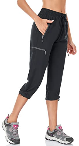 BAYGE Pantalones de Senderismo para Mujer 3/4 Ligeros de Verano Pantalones de Trekking Outdoor Transpirables, de Secado Rápido y a Prueba de Agua con Bolsillos con Cremallera, Negro, XL