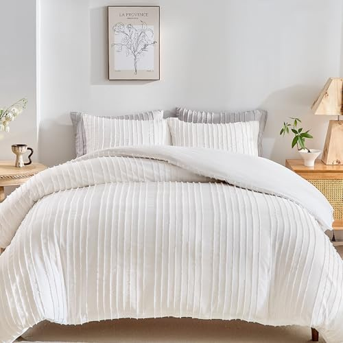 WARMDERN White Boho Duvet Cover Set Queen Size, Striped Textured Tufted Bedding Set, 3 Pcs Ultra Soft Washed Microfiber with Zipper Closure (Queen, White)