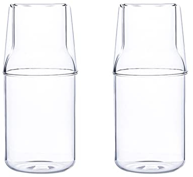 MISNODE 2Pcs 360ml Bedside Water Carafe Set with Cup Tumbler for Bedroom Nightstand, Glass Mouthwash Bottle for Bathroom, Clear Juice Water Pitcher