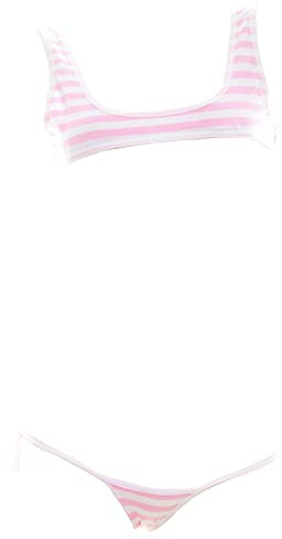 SINMIUANIME Kvinnor japansk stil anime underkläder sexig blå/rosa randig mikrobikini cosplay BH och trosa set (203 rosa)