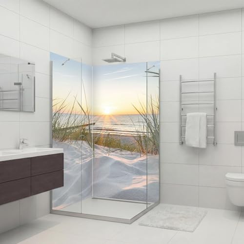Dedeco 2x Premium Bad Duschrückwand mit Motiv: Sonnenaufgang V1, 100x200cm, wasserfest, hochwertig fugenlose Wandverkleidung aus 3mm-Alu-Verbundplatte, Fliesenersatz ohne Bohren, Made in Germany