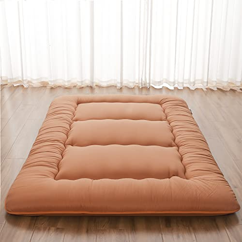 Zelladorra Japanese Floor Mattress, Futon Mattress with Portable Storage Bag and Washable Cover, Roll Up Thick Tatami Mat Suitable for Camping, Guest Room, Light Coffee, Twin