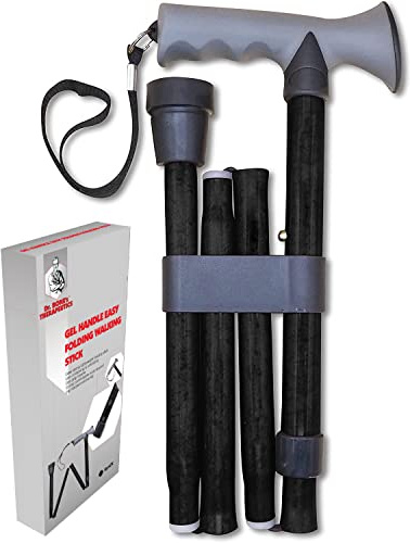 Dr. Bone's Therapeutics ® Easy Folding Walking Stick – Gel Handle Height Adjustable Comfort Grip Collapsible Folding Cane for Men & Women Adjustable Length Lightweight Walking Sticks - Black