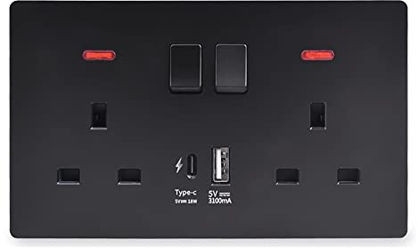 Wallpoint UK Plug Wall Switch Double PC Socket 13A 2 USB Charging Ports (Black type-C (18W))