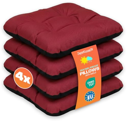 Outdoor Sitzkissen Stuhlkissen - 4er Set - 45 x 45 cm - Made in EU, Wasserdichtes & UV-beständig Gartenkissen - Stuhlauflage Stuhlpolster für Balkonstühle - Bordeaux