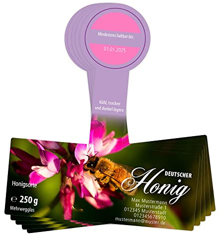 Apoidea – Honig Etiketten 250 g mit Gewährverschluss selbstklebend & personalisierbar - 100 Stück/Etiketten Honiggläser/Honig Aufkleber für selbstgemachten Honig/Honigetiketten für Honiggläser