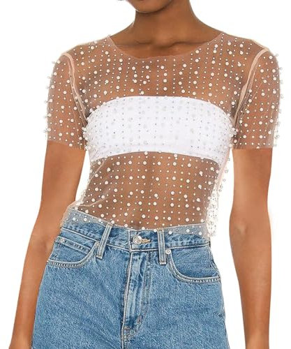 Naileksi Women Pearl Rhinestone Sheer Mesh Crop Tee Top Sexy See Through Short Sleeve Slim Fit Crop T-Shirt Club Summer(M,Nude)
