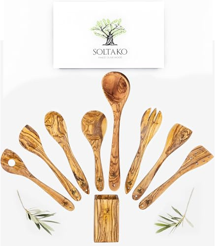 SOLTAKO Küchenutensilien 8er Set inkl. Besteckhalter Salatbesteck Kochlöffel Holz Pfannenwender Holz Olivenholz handgefertigt Küchenhelfer Set aus Tunesien