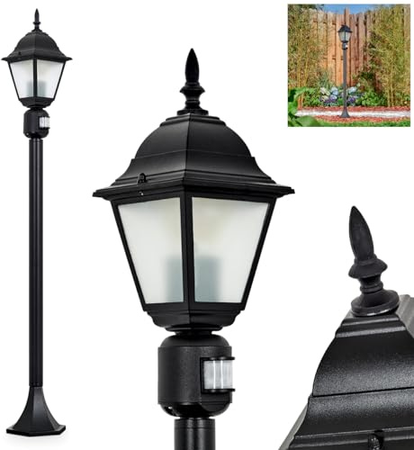HOFSTEIN Außenstehleuchte Naofe, Außenwegeleuchte mit Bewegungsmelder aus Metall/Milchglas in Schwarz, Wechselscheiben Klar, Wegeleuchte im Landhaus/Antik/Retro-Design, Garten, Hof, 116 cm, E27, IP44