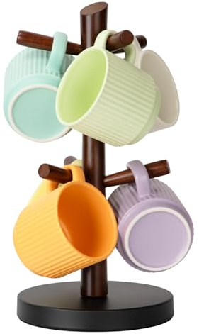 E-ROOM TREND Tassenhalter | 1 Stück Becherhalter aus Holz | mit Kohlenstoffstahl Stabil Basis 6 Hölzerne Tasse Rack Haken | Kaffeetassenhalter für Arbeitsplatte Küche Kaffee Bar Küchentheke (MH389B)