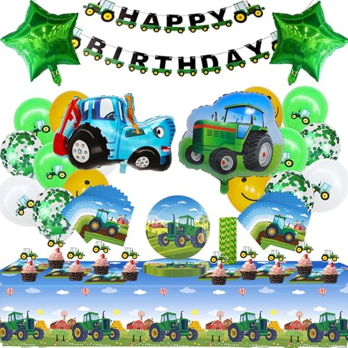 Geburtstagsdeko Jungen, 84 Stück Traktor Geburtstag Deko, Enthält Banner, Tischtuch, Traktor Luftballon, Tortendeko, Pappteller, Servietten, Papierstrohhalme