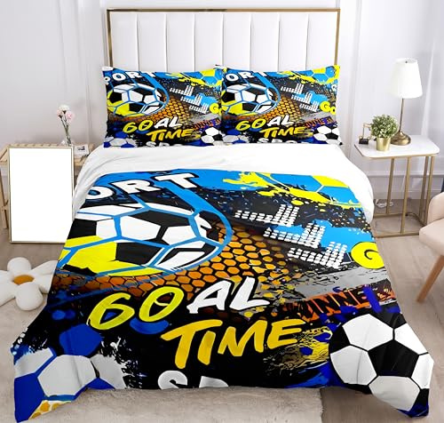 SHUAIG Juego de Ropa de Cama Infantil de fútbol, Funda de Almohada de 80 x 80 cm, Juego de Ropa de Cama de fútbol, Juego de Ropa de Cama para niño, Estampado de fútbol con Efecto 3D, Funda nórdica de
