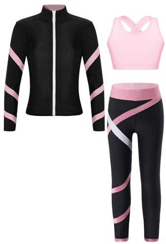 inlzdz Flicka träningsoverall 3 delar, sportdräkt, långärmad sportjacka, sportbehå topp + leggings, baskettröjor, joggingdräkt, sportkläder, ROSA, 122/128 cm