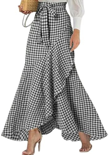 chouyatou Women's Casual Plaid Mermaid Maxi Skirt A Line Irregular Ruffle Hem Fishtail Long Skirt (Large, Plaid Black)