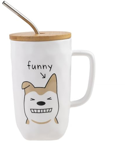 lachineuse – Taza de porcelana para perro, 600 ml, con tapa, pajita y cuchara – Café, té, chocolate caliente – Idea de regalo original