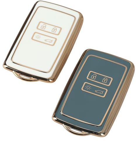 2 Packs Car Key Covers for Renault - 4 Buttons Fob, TPU Protection Shell Smart Case Compatible with Fluence Duster Dacia Megane Kadjar-Clio Captur Espace (White+Grey)