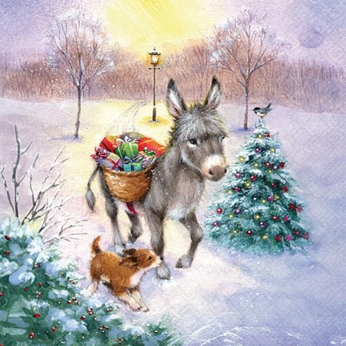 20 Servietten Weihnachten Esel mit Geschenkkorb als Tischdeko. Papierservietten mit Motiv. Auch für Decoupage und Serviettentechnik 33x33cm