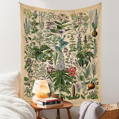 Vintage Flowers Tapestry 48”x36”, Long Vertical Wall Hanging Reference Illustrative Botanical Tapestries for Bedroom Aesthetic Floral Tapistry Botanical Plants Tapestry Wall Hanging Cute Bedroom Decor