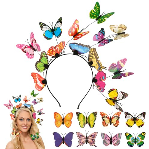 O-Kinee Schmetterling Haarreif,Schmetterlinge Kopfschmuck und 8 Stück Haarspangen,Braut Stirnband Haarband,Fasching Fascinator Haarreifen,Fee Haarschmuck für Frauen Karneval Accessories Mädchen Damen