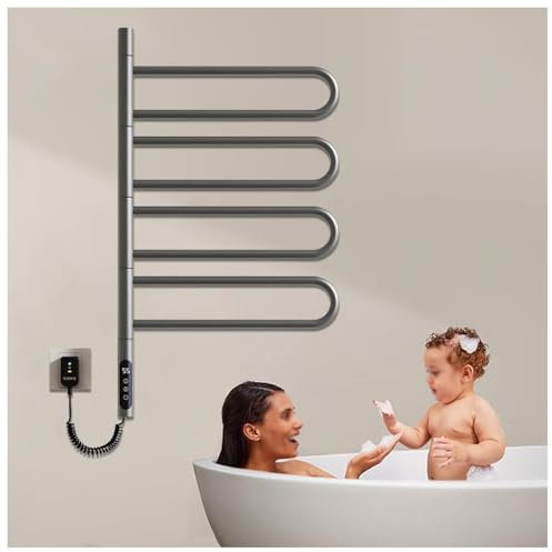 Porta asciugamani riscaldati per bagno, rotazione di 180°, scaldasalviette elettrico con timer, display LED, controllo della temperatura costante, scaldasalviette per bagno plug-in/cablato, grigio (G