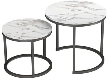 Soayone Couchtisch 2er Set Kleiner Beistelltisch Marmor Couchtisch Weiß Rund Satztische fürs Wohnzimmer