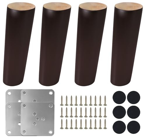COEWUR 4 Pièces Pied de Meuble Bois Massif 18cm Noyer Obliques Pieds de Meubles avec Plaque de Montage Vis Patins en Feutre Pieds pour Canapé Armoire Lit Meuble TV Commode Table Fauteuil
