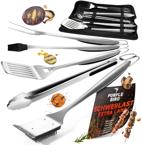 PURPLEBIRD 6-teiliges Grillbesteck Set aus Edelstahl, Premium Grillzubehör mit 3-in-1 Spatel, Gabel, Zange, Bürste, Saucenpinsel & Tragetasche für BBQ & Gartenparty, Geburtstagsgeschenk für Männ