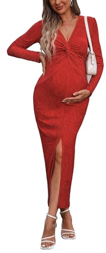 Havejoy Robe de Soiree Femme Grossesse Col V Plissé Noué Manche Longue avec Fente, Robe Longue Moulante Femme Enceinte pour Shooting Photo Baby Shower Cocktail Décontracté