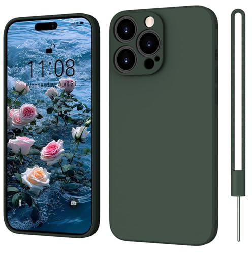 ORDA Hülle für iPhone 15 Pro 6.1 Zoll, Ultra Dünn Handyhülle für iPhone 15 Pro 5G Silikon Case,Kratzfeste Rundumschutz Schutzhülle Mit Lanyard Hülle Dunkel Grün