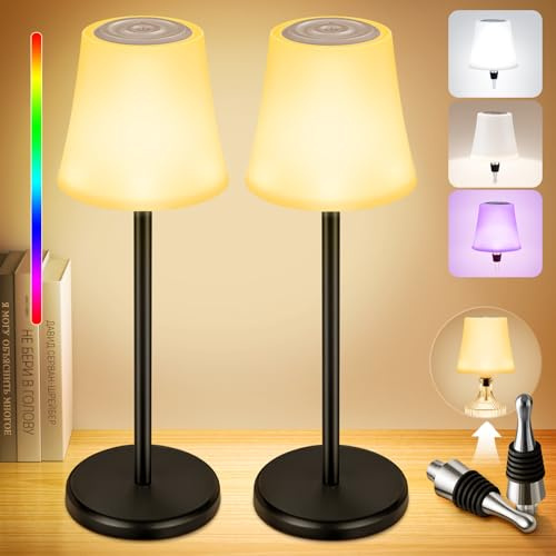 LED Tischlampe kabellos, Dimmbare LED Akku Tischleuchte 7 Modi Stufenlos | Zwei Anwendungen Flaschenlampe, 5200mAh Touch Control Dimmbar Tischleuchte Kabellos für Partys Restaurants Schlafzimmer, 2PCS