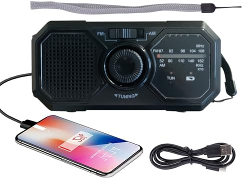 Radio de Emergencia Solar y Manivela Am/FM, Ra-DIO meteorológica, Linterna LED + Cargador Portátil, R-adio Linterna de 3 vías, Impermeable para Camping, Senderismo y Emergencias en Hogar
