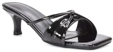 ESSEX GLAM Women's Low Kitten Heel Sandals Ladies Strappy Black Patent Slip On Mule Open Toe Slide Shoes Size 7