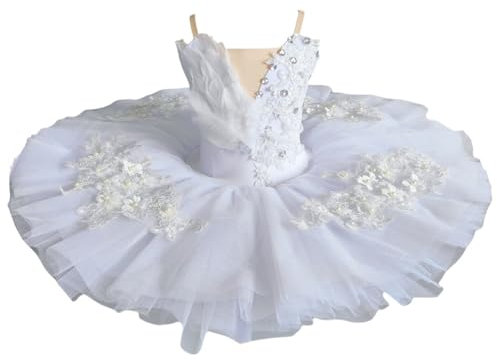 GZKDKZB Professionelles Ballett-Tutu für Mädchen, weißes Sling-Ballerina-Partykleid mit Perlenärmeln, Wettkampfkostüm, Platte, Pfannkuchen-Gymnastik, Tanztrikot