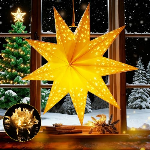 BBLTIFF Étoile de Noël LED à Suspendre, 45cm 3D Etoile à Suspendre Papier, Etoile Lumineuse a Suspendre, Noël Decoration Intérieur mit 2 Beleuchtungsmodi für Fenster, Weihnachts, Hochzeitsdekorationen