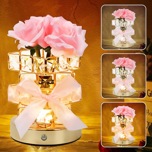 Les-Theresa Rose Lampe, 3 Farben Dimmbare Nachtlicht für Tisch LED Touch Lampe mit Würfel Kristall Vase, USB Wiederaufladbare Nachttischlampe für Valentinstag, Muttertag, Weihnachten (Rosen)