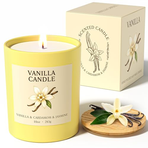 NORVENCE Vanilla Candles – Coffret cadeau de bougies parfumées pour elle, bougies de soja de 283 g avec couvercle en bambou, cadeaux d'anniversaire pour femme et homme, bougies coulées à la main pour