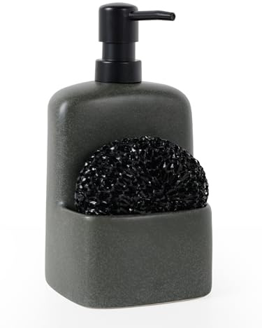 Autumnlife Spülmittelspender Küche Keramik, Seifenspender mit Schwammhalter, 600 ml, Nachfüllbar Spülbecken Organizer, Matt Anthrazit Seifenspender