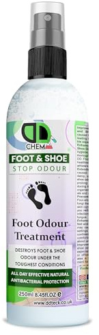 Foot & Shoe Odour Treatment - Antibacterial Deodorizer & Long-Lasting Freshness, Sweaty Feet & Toughest Conditions, Non-Toxic, Quick-Drying, Shoe Spray For Odour Removal (250ml Spray)