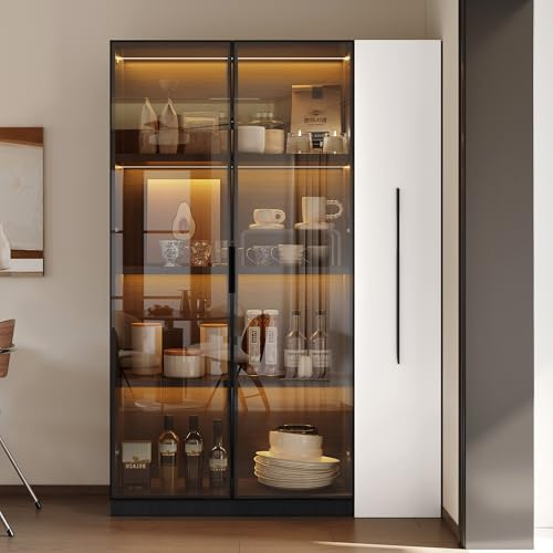 LANTRO JS Schaukasten Vitrine, Glas Vitrine mit Rollen und Beleuchtung, Multifunktions Vitrinen mit Türen aus Gehärtetem Glas, Türrahmen aus Aluminium, Schwarz and weiß
