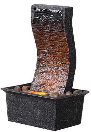 Curved Panel Tabletop Water Fountain LED - Lit - Unique Decorative Waterfall for Indoor/Outdoor Spaces, Home Office Garden Decoration with Ambient Lighting