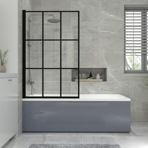 NRG 1700x700mm Bathtub, Grid Square Bath Screen with Front Panel Grey | Acrylic Straight Bath, Safety Tempered Glass, Easy to Clean, Bathroom, Wet Room, Durable