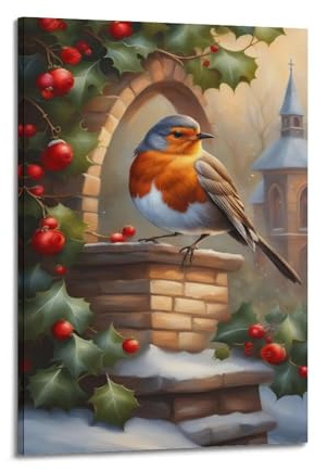 sfjjkh Poster su tela, motivo: pettirosso su un mattone innevato con agrifoglio, decorazione artistica da parete per soggiorno e camera da letto, 20 x 30 cm, con cornice