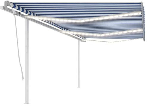 Qnhdfrt Auvent à bras articulés de 6 x 3 m - Bleu et blanc - Avec LED et capteur de vent par télécommande - Cadre en aluminium - Matériau robuste pour une utilisation en extérieur - Convient pour