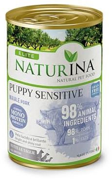 NATURINA - Elite húmedo Puppy Sensitive para perros, cachorros y cachorros de cerdo, sin granos, para pelo brillante, sin conservantes ni colorantes, para todos los tamaños, fabricado en Italia, 12