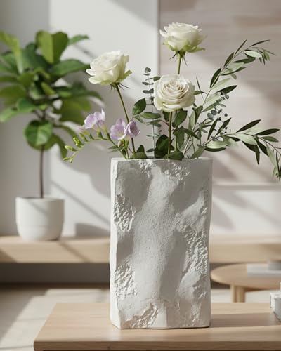 Cream Large Ceramic Vase, 10.6 Inch OOSTONEE Organic Square Rock Textured Unique Flower Vase, Nordic Modern Boho Decorative Style, Must-Have for Shelf, Home, Living Room, Bookshelf Decor