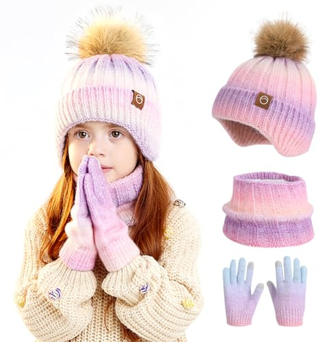 Spiritzohic Kids Winter Beanie Hat Scarf Gloves Set, 3 in 1 Thermal Knitted Pom Pom Hat Snood Gloves Winter Accessories Beanie Hats and Glove for Boys Girls Children 2-10 Years Old