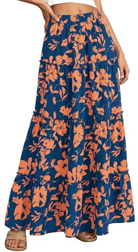 BTFBM Floral Maxi Skirts for Women Summer Spring 2026 Elastic Waist Tiered Flowy Beach Vacation Boho Midi Long Skirt(Floral Blue Orange, Small)