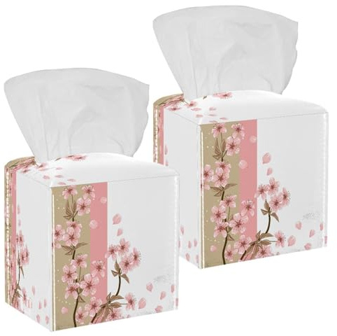2PCS Square Tissue Box Cover, Cherry Tree Blossom Leather Tissue Case Facial Paper Organizer Dispenser for Vanity Toilet Tank Dresser Night Stand Table Countertop Office Car